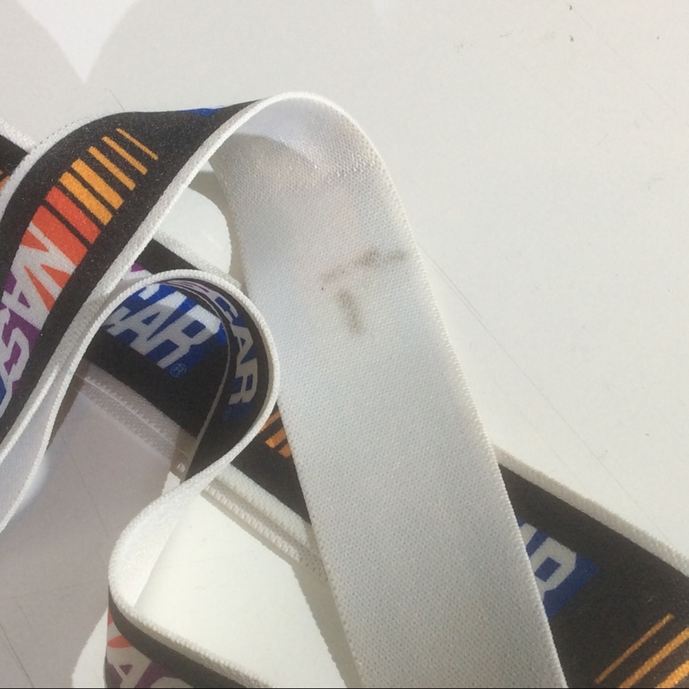 NASCAR Racing Stripes Rainbow Colors Gold Tone Hardware White Suspenders *STAIN - Picture 6 of 6